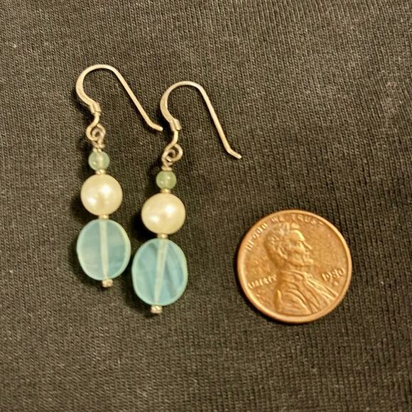 Freshwater Pearl & Aqua Glass Bead Drop Earrings Handmade Silver-Tone Dangle - Picture 6 of 8